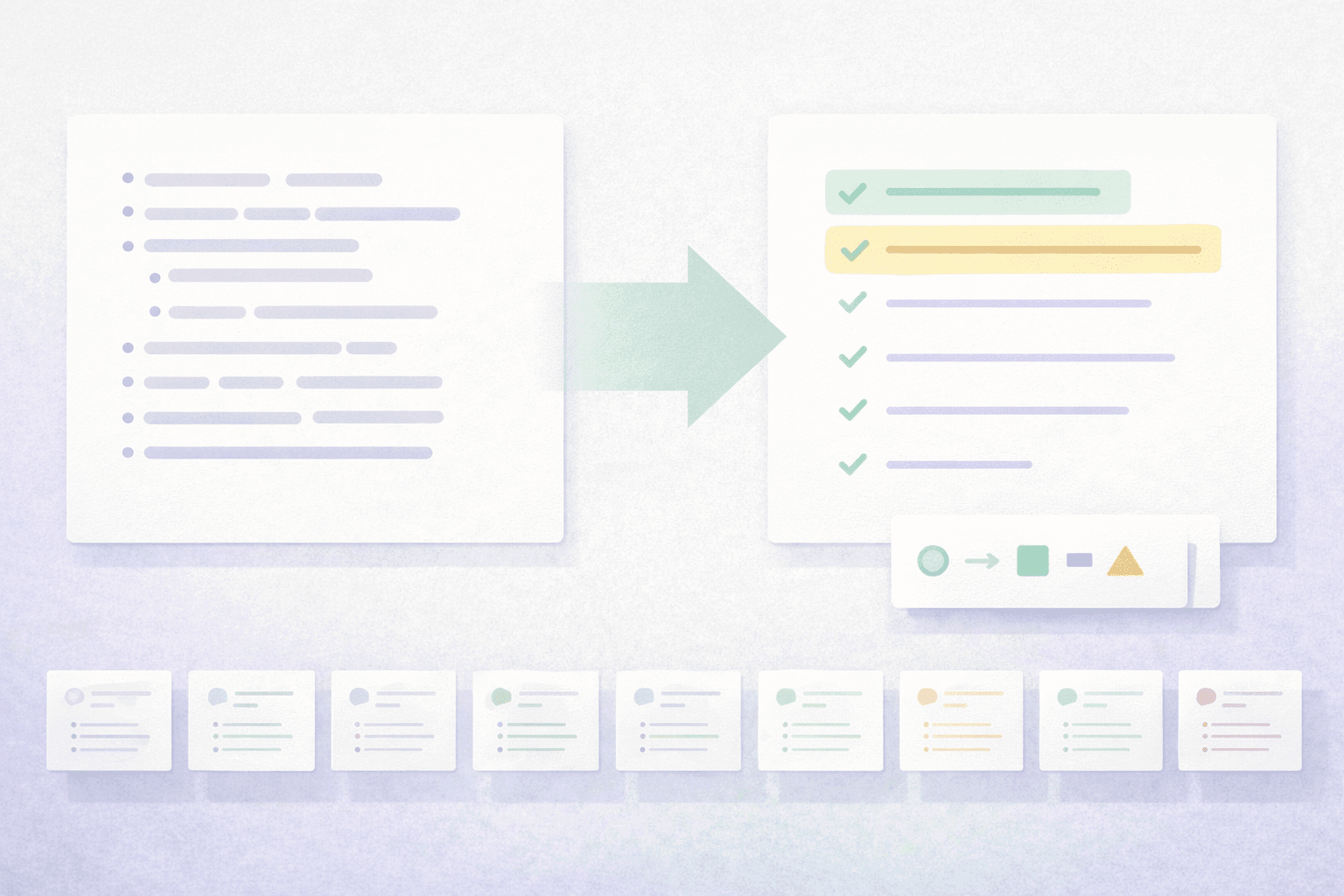 illustration showing messy CV bullet points transforming into clean, structured bullets, with an arrow indicating improvement and small example cards along the bottom.